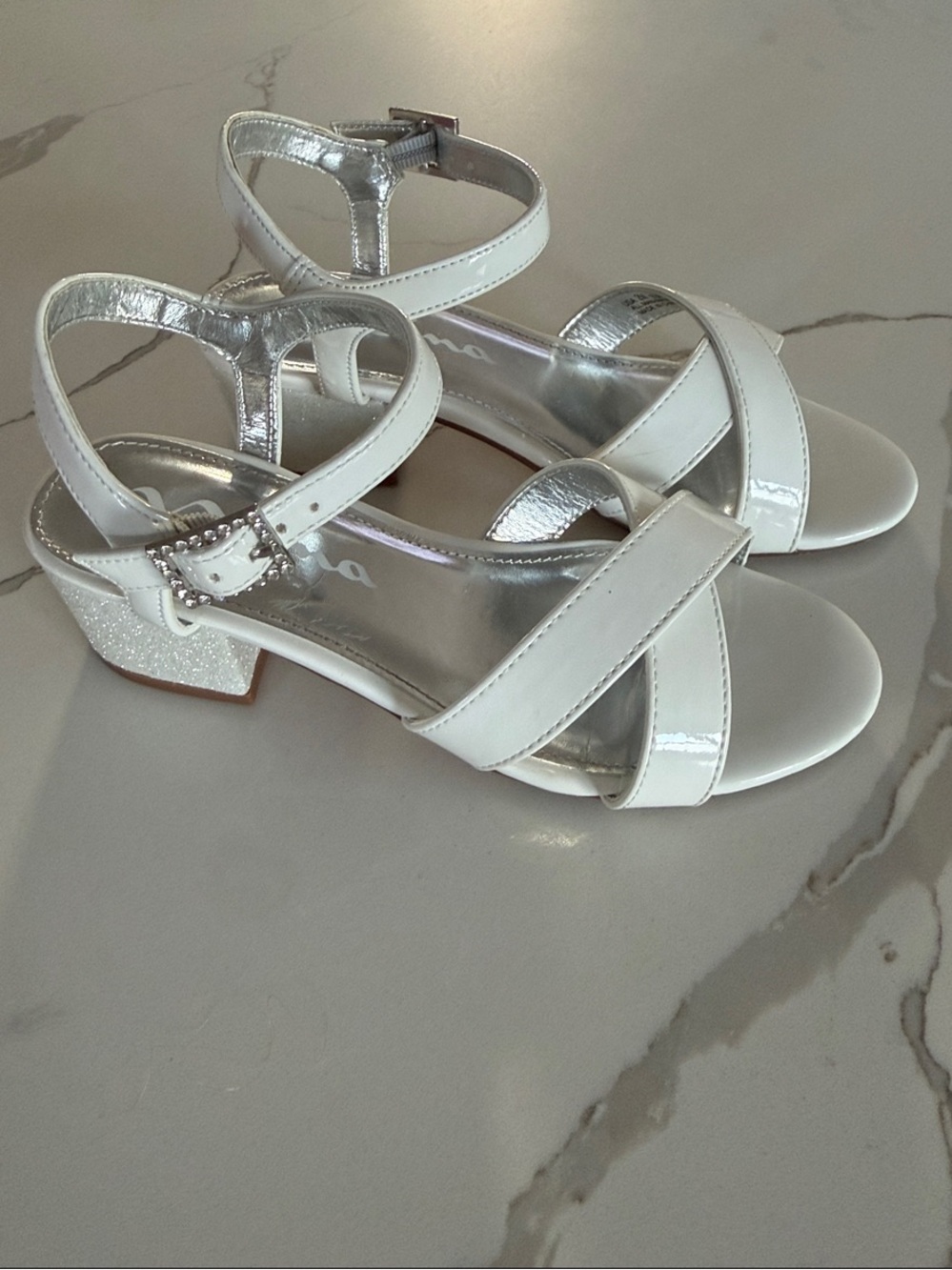 Girls Size 2 Nina White Patent Sandals with Glitter Block Heel